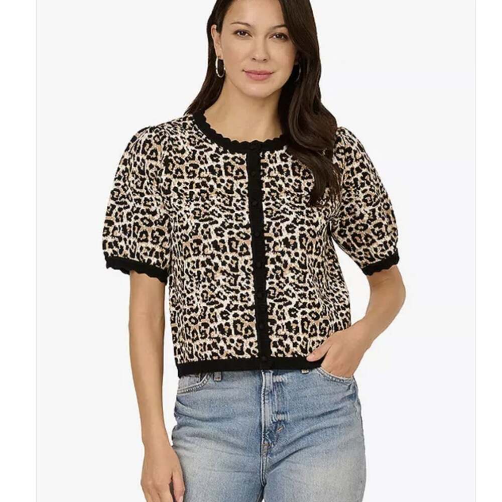 Adrianna Papell Leopard Print Cropped Short Sleeve Button Front Cardigan Sweater